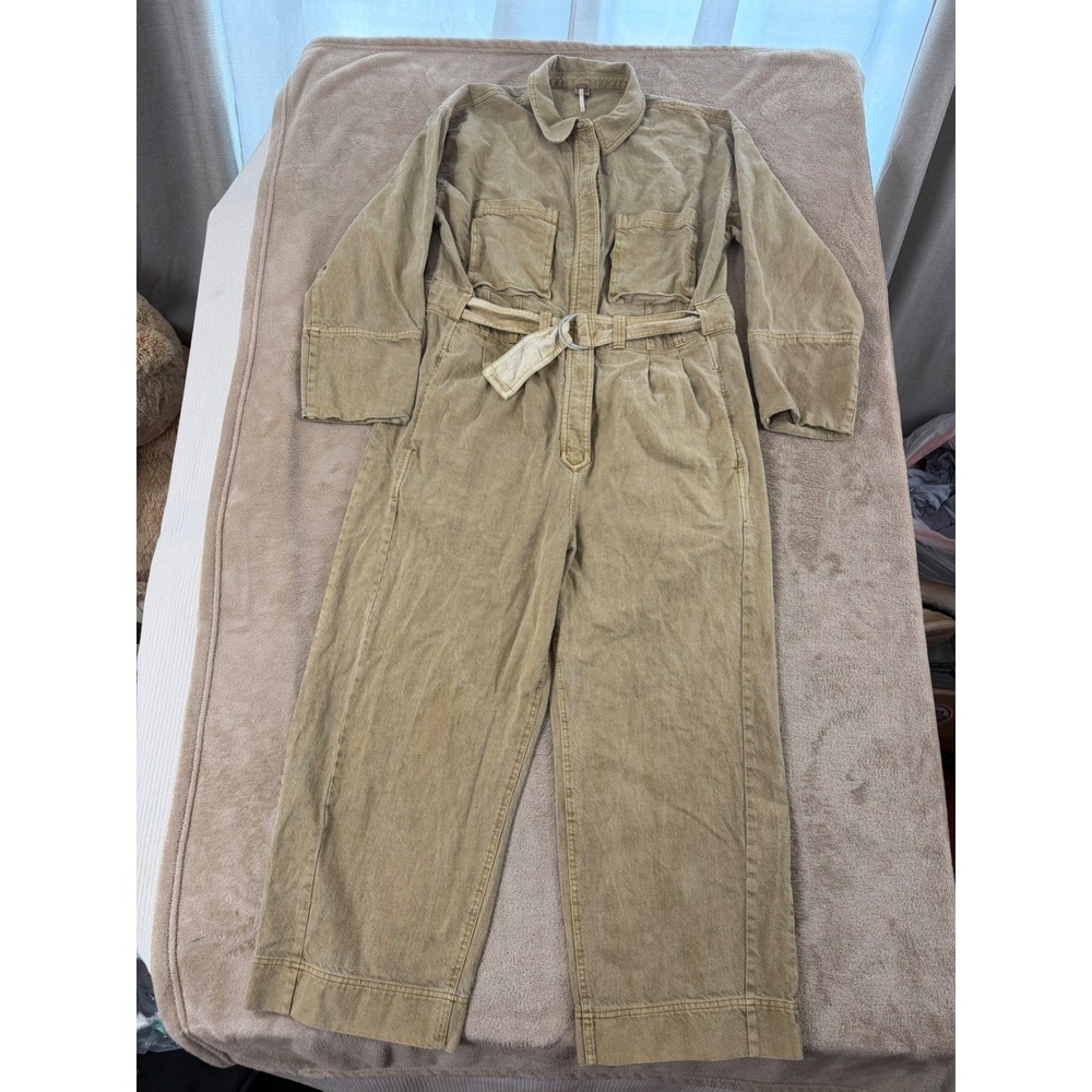 Free People Wayward‎ Utility Coverall Tan Khaki Belted Jumpsuit Style M Good